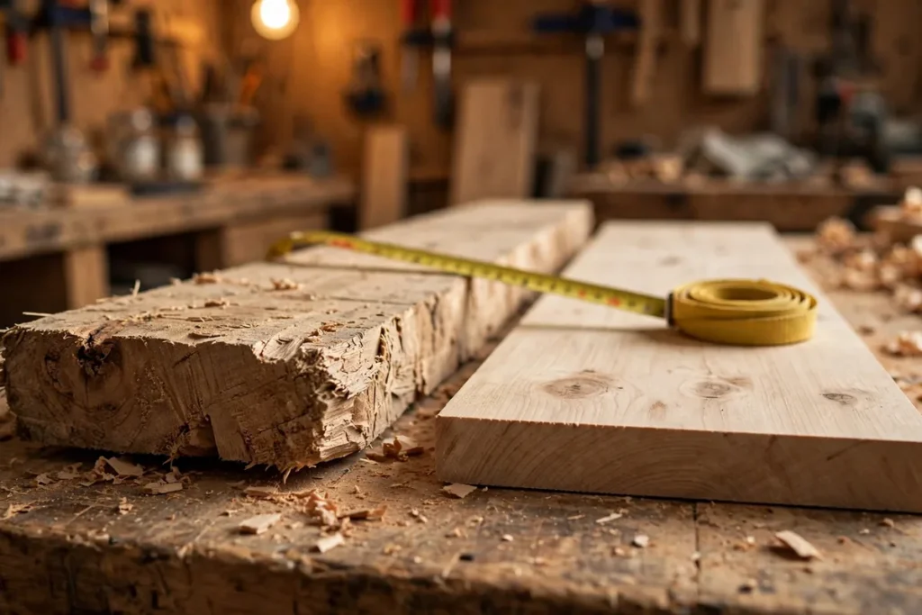 Nominal vs actual lumber sizes compared on a rough and a planed board