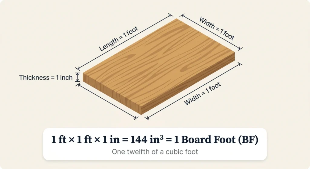 Diagram showing one board foot: a board 1 foot long, 1 foot wide and 1 inch thick