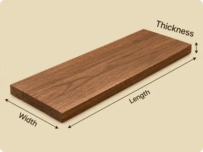 Board diagram: thickness, length and width on a walnut board